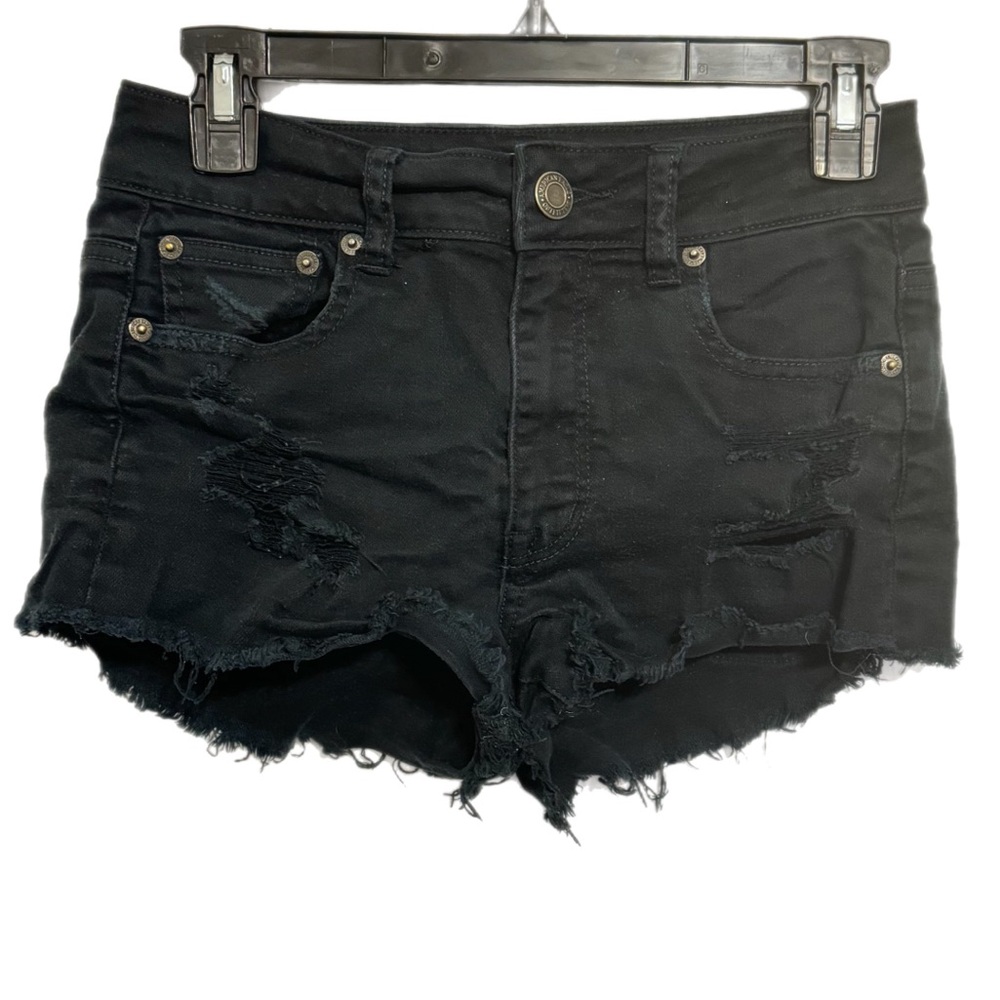 American Eagle Distressed Hi-Rise Festival Stretch Black Denim Shorts